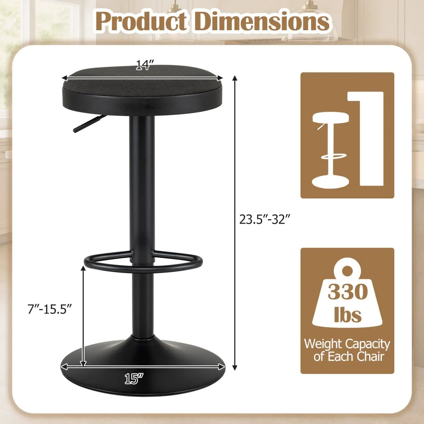 Adjustable Bar Stools Set of 2 with Padded Seat by DirectDeals
