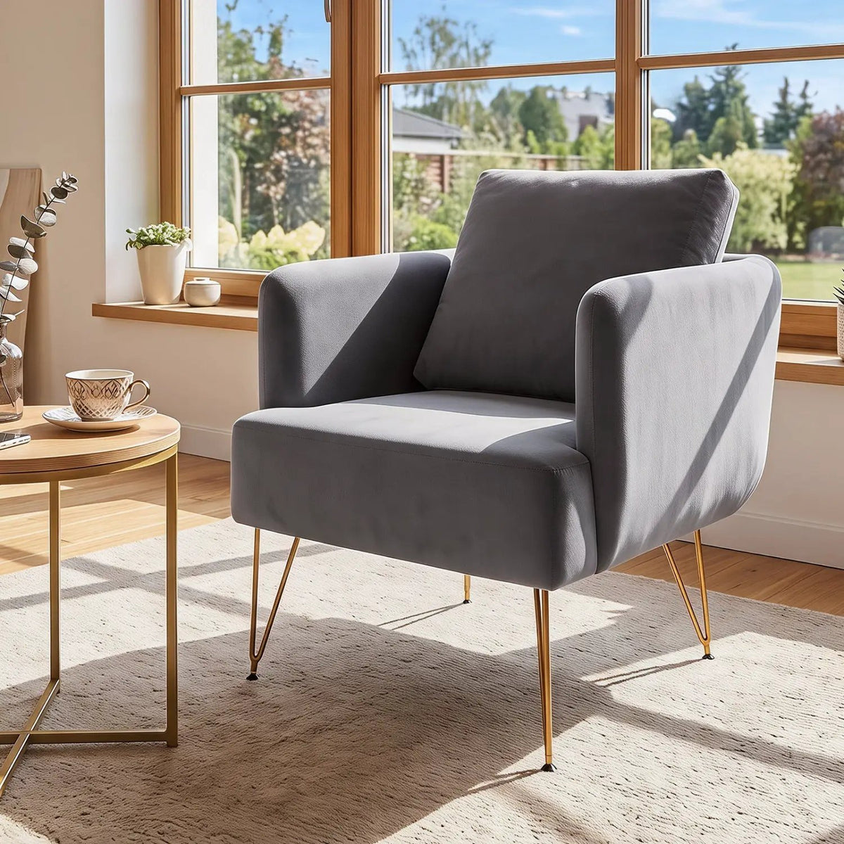 Velvet Accent Chair with Back Cushion and Golden Metal Legs by DirectDeals