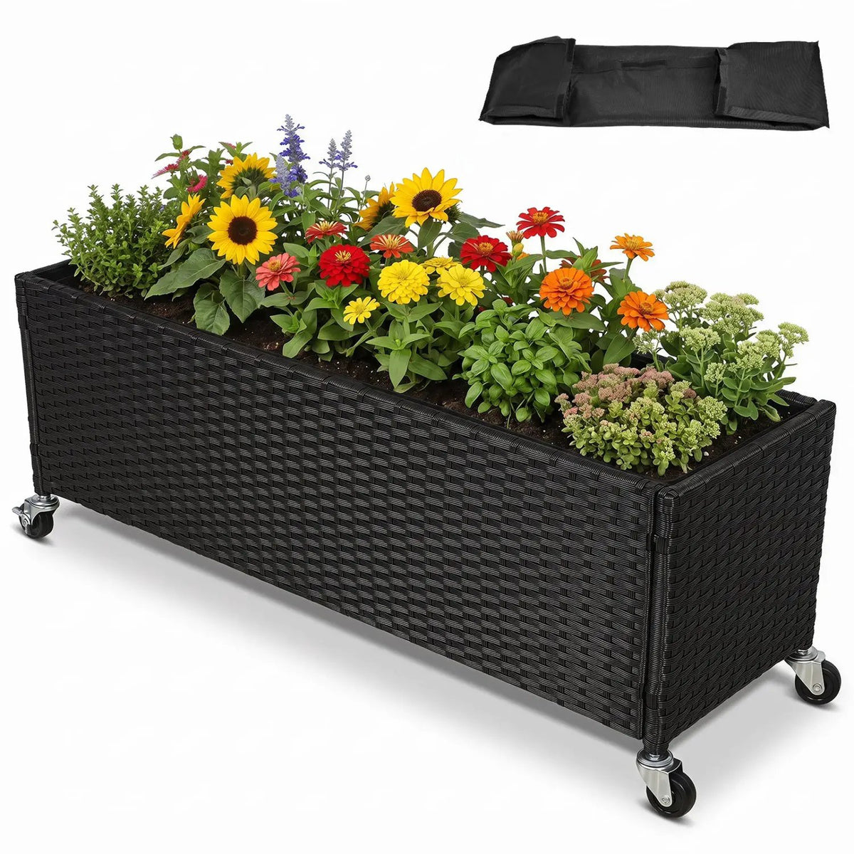 Raised Garden Bed with Wheels - PE Rattan Planter Box by DirectDeals