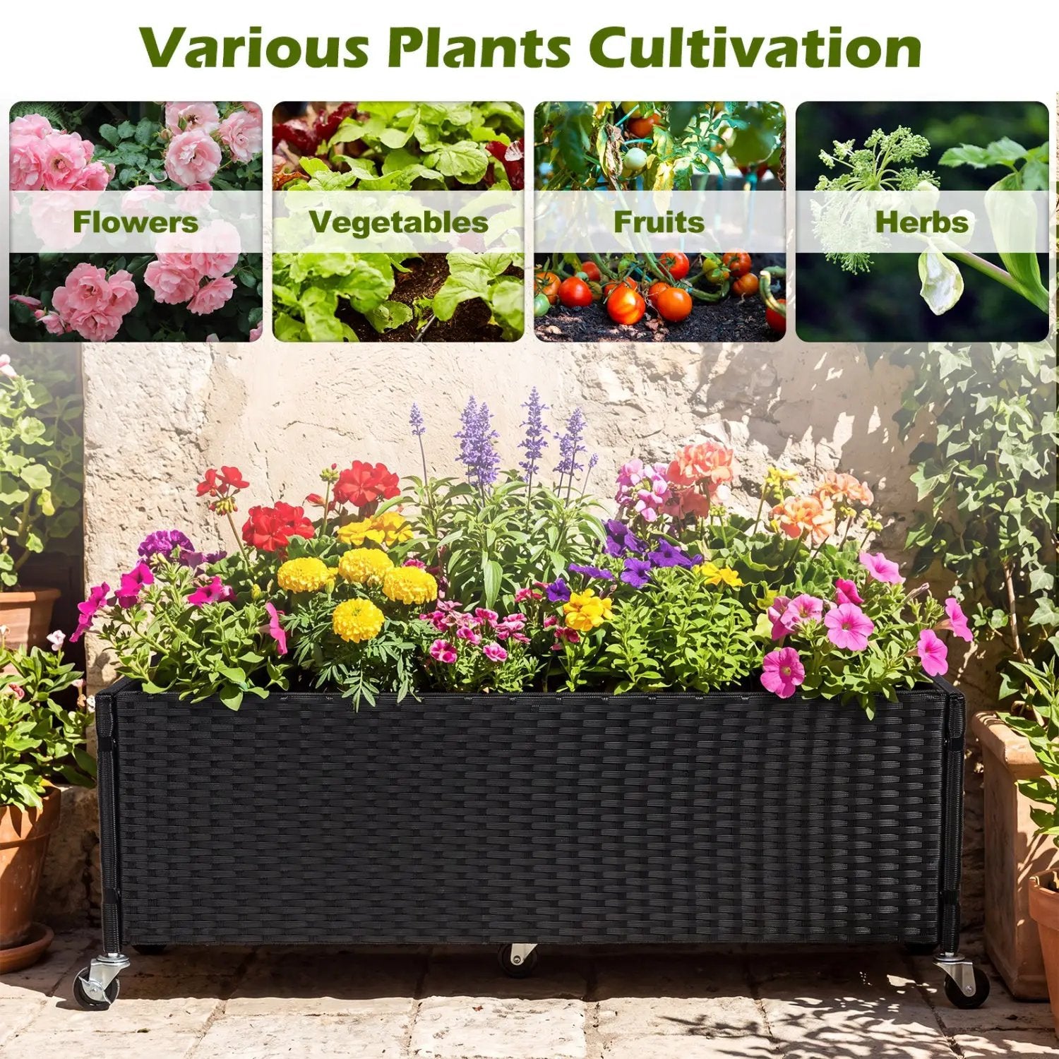 Raised Garden Bed Set of 2 with Wheels and PE Rattan by DirectDeals