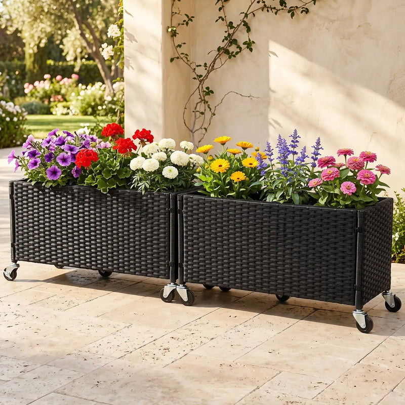Raised Garden Bed Set of 2 with Wheels and PE Rattan by DirectDeals
