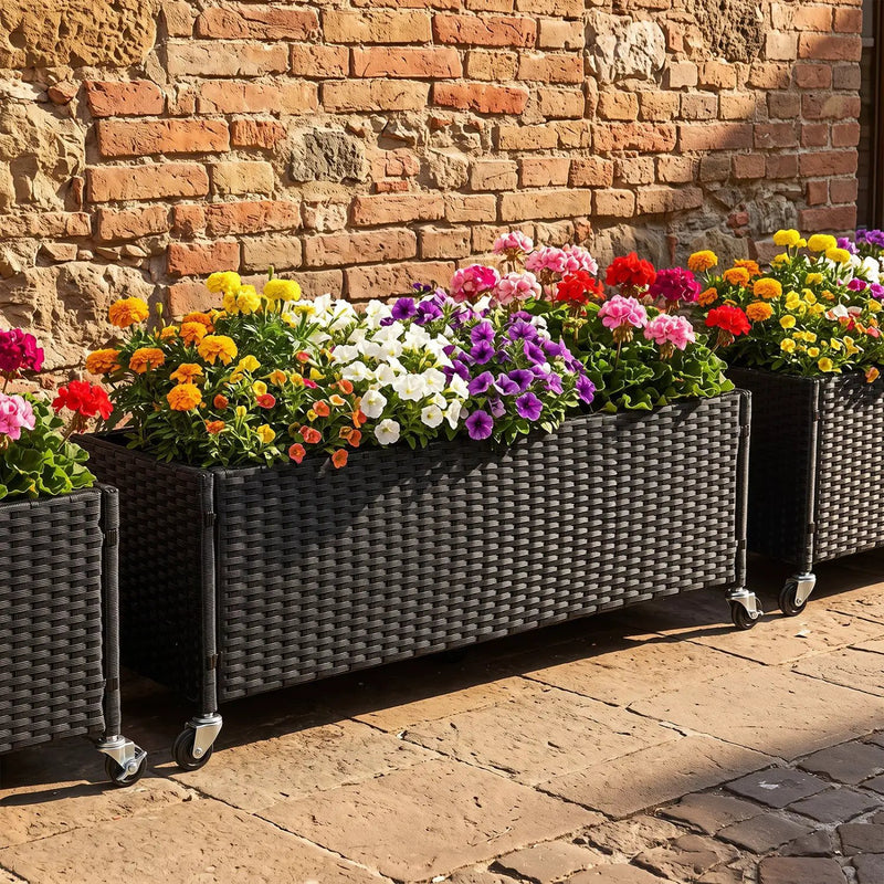 Raised Garden Bed Set of 2 with Wheels and PE Rattan by DirectDeals