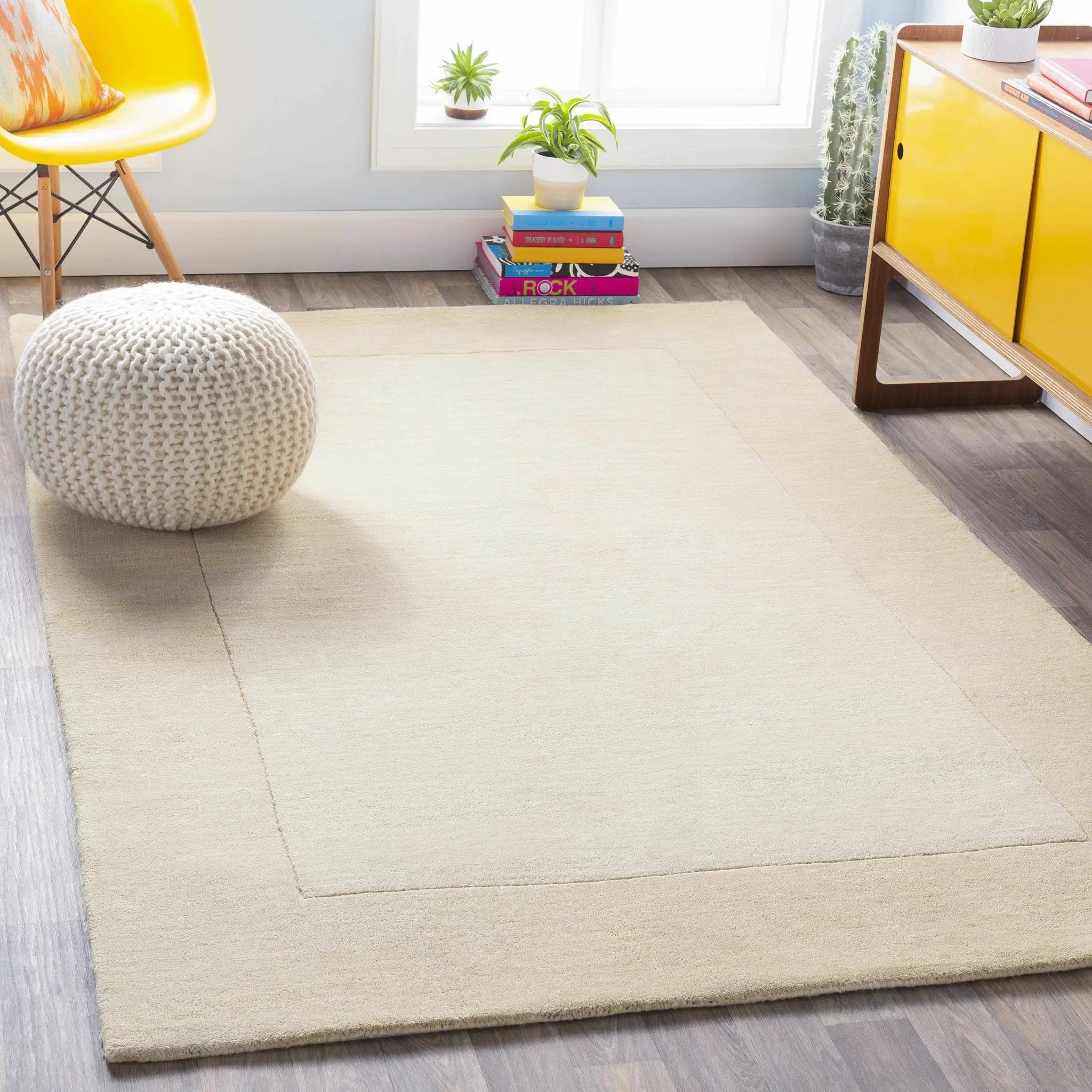 Bordered Solid Wheat Cream Wool Rug by Boutique Rugs