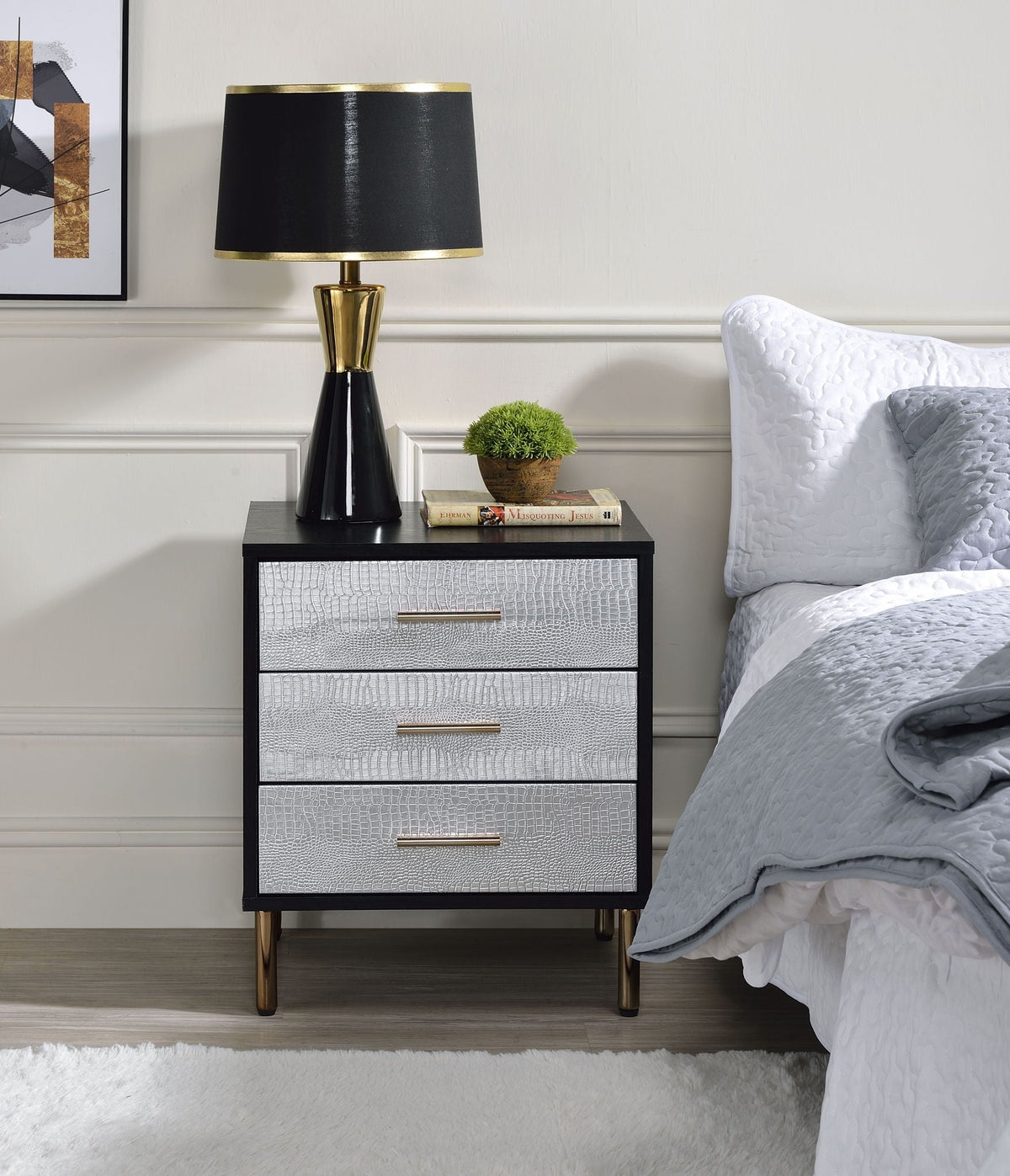 Black Accent Nightstand with Metal Legs and Three Drawers