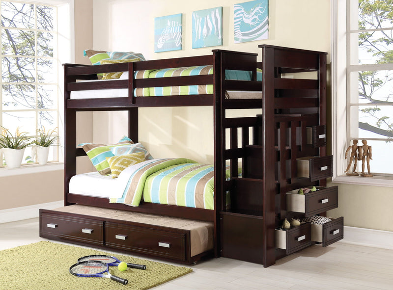 Espresso Twin/Twin Bunk Bed with Trundle Storage and Five-Drawer Ladder