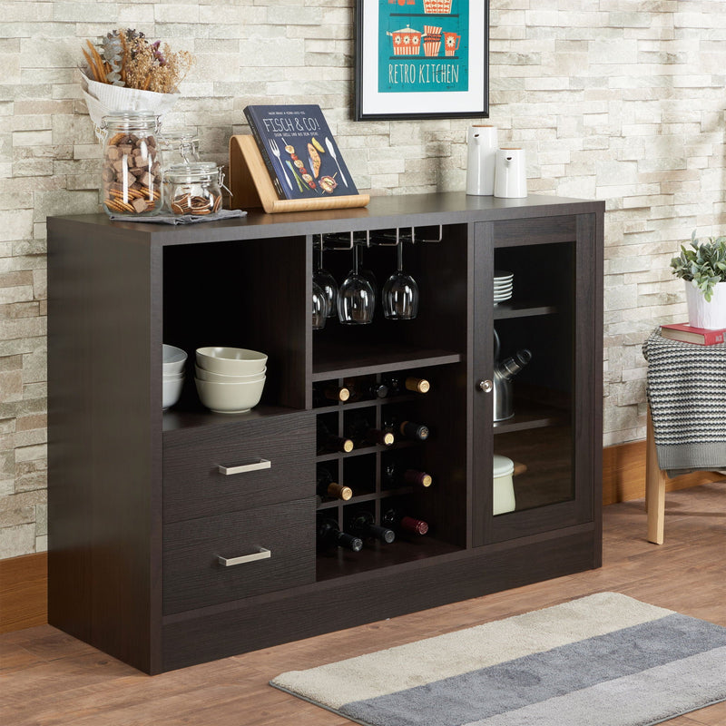 Espresso Wood Wine Cabinet with Glass Door & Stemware Rack - Hazen