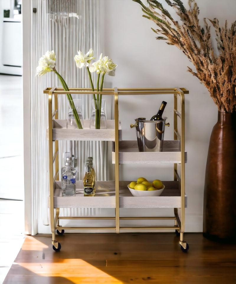 Gold & White Washed Finish Serving Cart with Removable Wooden Trays, photo 2 of 7