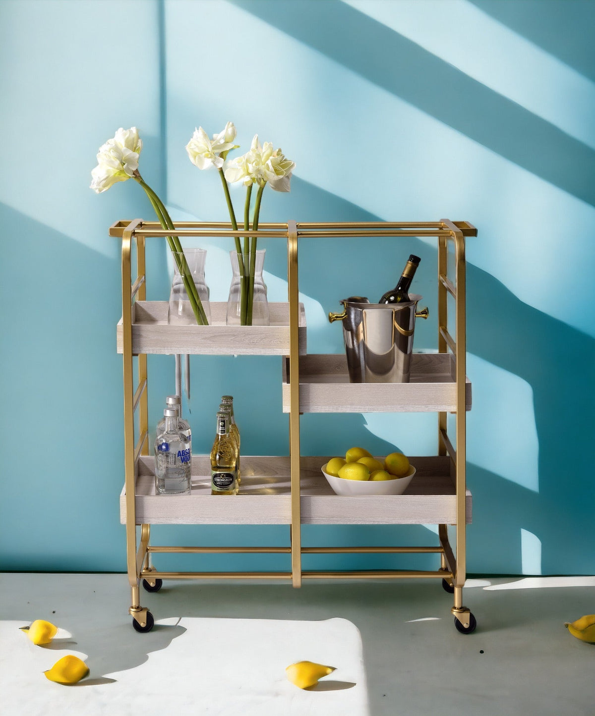 Gold & White Washed Finish Serving Cart with Removable Wooden Trays, photo 3 of 7