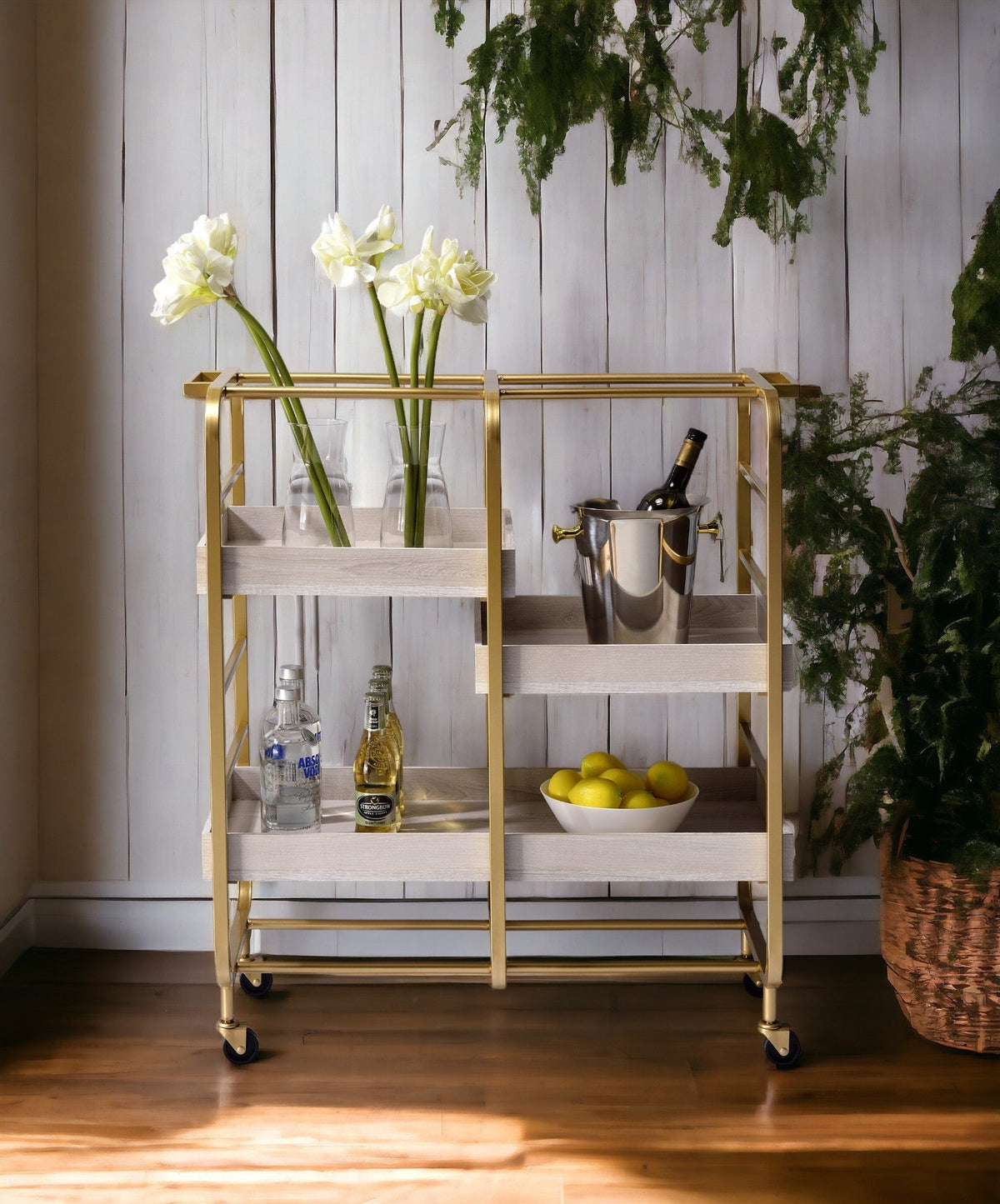 Gold & White Washed Finish Serving Cart with Removable Wooden Trays, photo 4 of 7