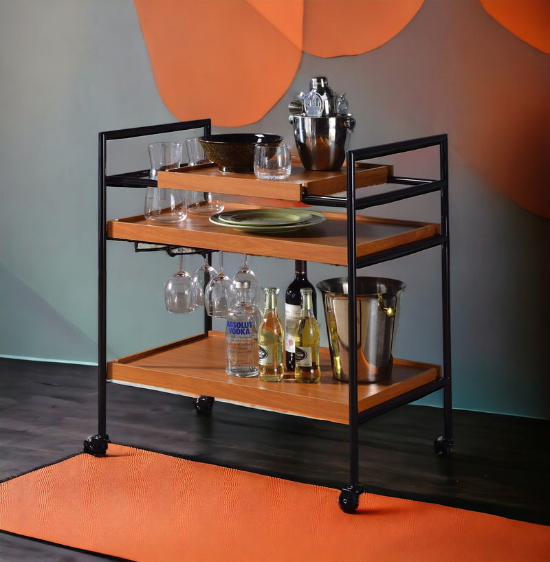Honey Oak & Black Finish Bar Cart with Wooden Trays - Oaken, photo 2 of 8