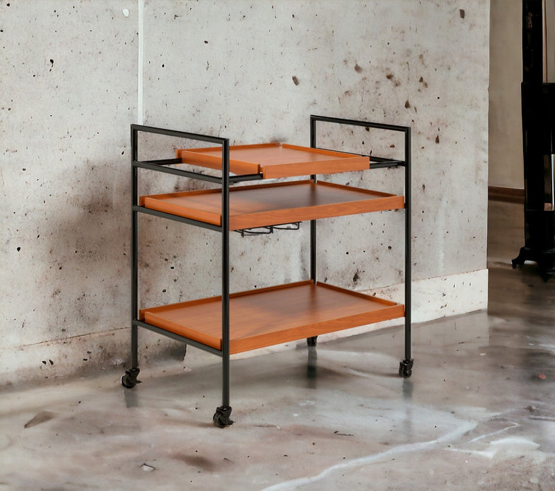 Honey Oak & Black Finish Bar Cart with Wooden Trays - Oaken, photo 3 of 8