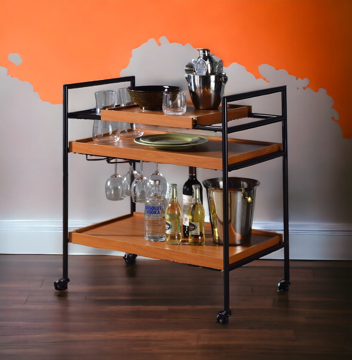 Honey Oak & Black Finish Bar Cart with Wooden Trays - Oaken, photo 4 of 8