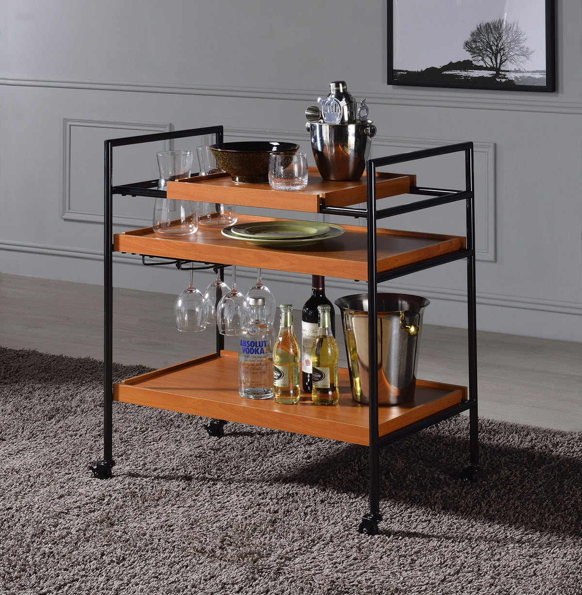 Honey Oak & Black Finish Bar Cart with Wooden Trays - Oaken, photo 5 of 8
