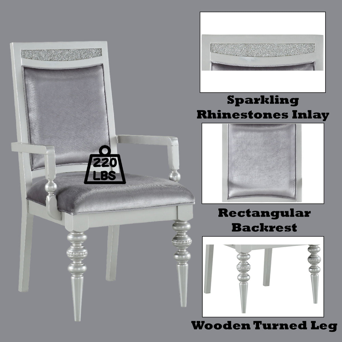 Maverick Arm Chair Set of 2 with Fabric Upholstery and Wooden Frame - Silver, photo 2 of 4