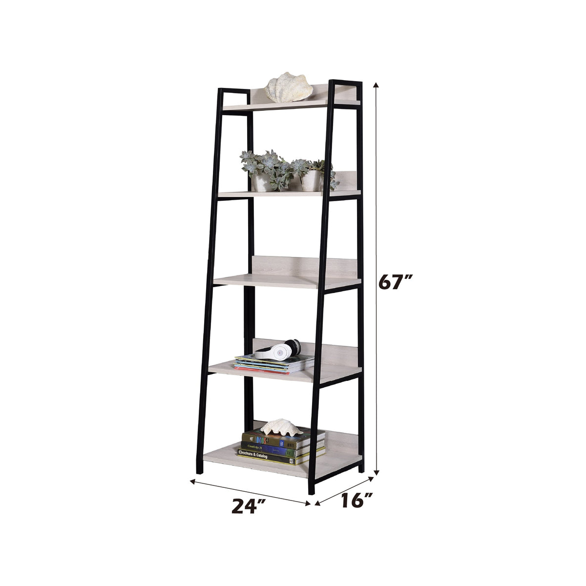Natural & Black Ladder Bookshelf with 5 Fixed Shelves - 24" Wide, photo 3 of 5