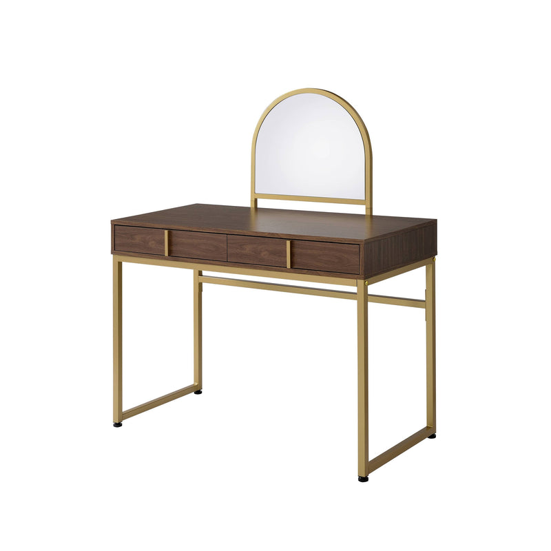 Walnut & Gold Finish Vanity Desk with Mirror & Jewelry Tray – Coleen, photo 2 of 7
