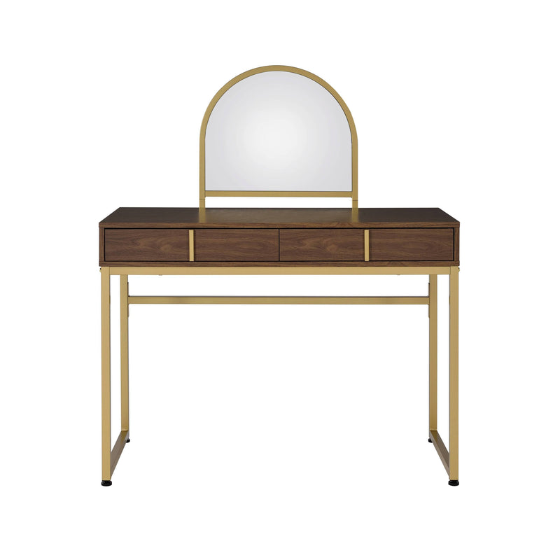 Walnut & Gold Finish Vanity Desk with Mirror & Jewelry Tray – Coleen, photo 4 of 7