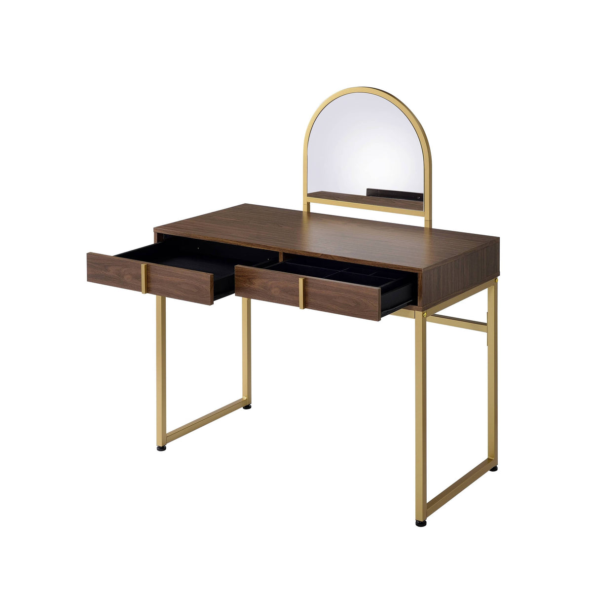 Walnut & Gold Finish Vanity Desk with Mirror & Jewelry Tray – Coleen, photo 6 of 7