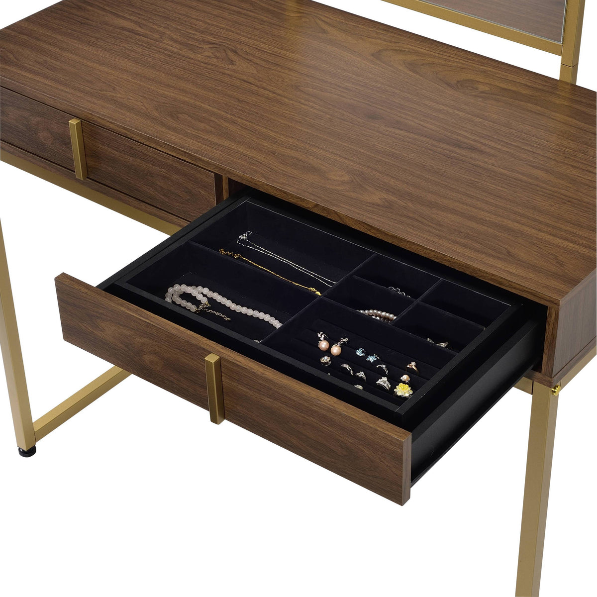 Walnut & Gold Finish Vanity Desk with Mirror & Jewelry Tray – Coleen, photo 7 of 7