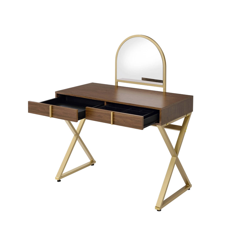 Walnut Vanity Desk with Mirror & Jewelry Tray - Gold Finish, photo 7 of 8