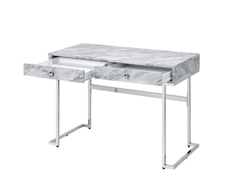 White Faux Marble Writing Desk with Storage Drawers - White, photo 3 of 4