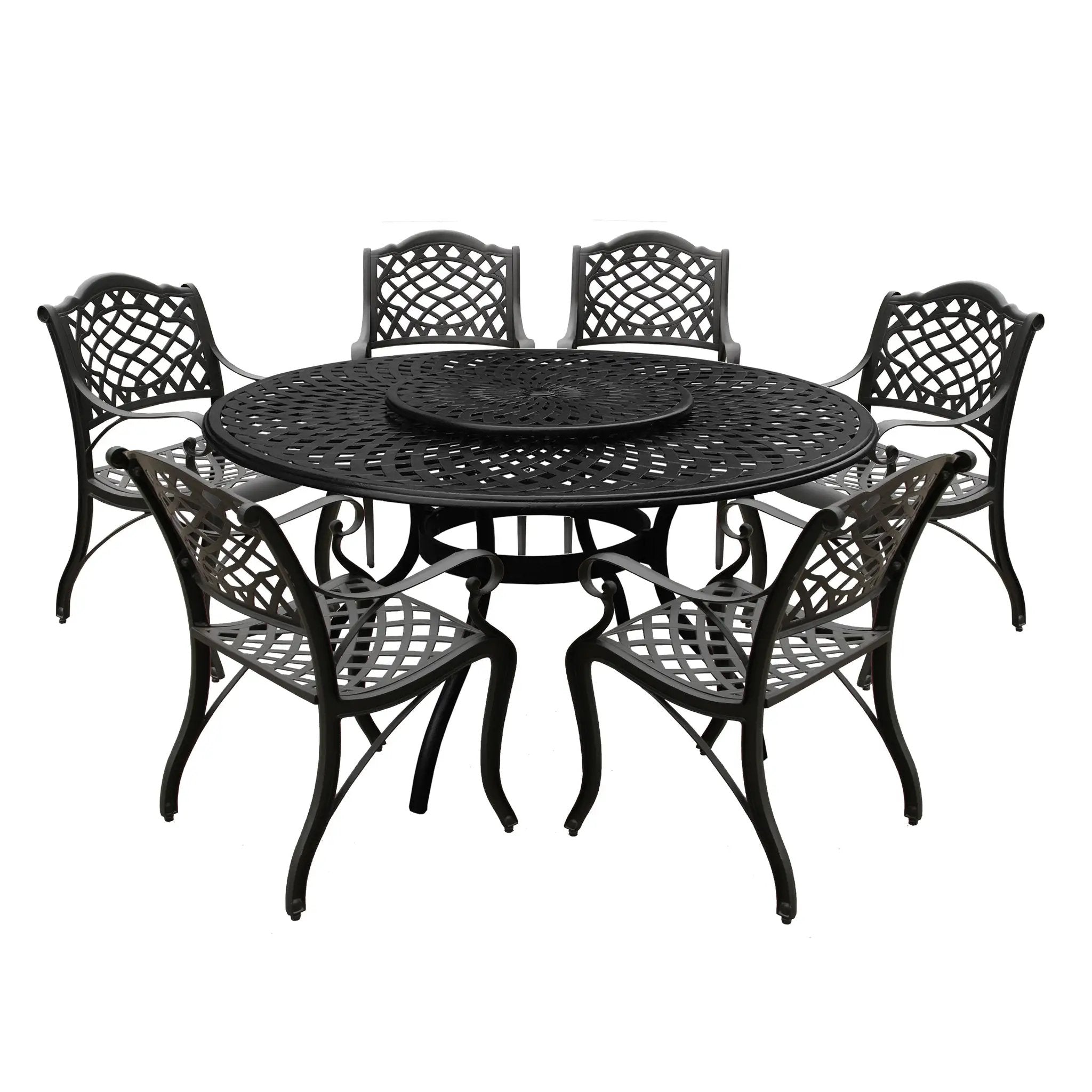 Aluminum 7pc Black Round Patio Dining Set, Lazy Susan, Six Chairs by Sharicks