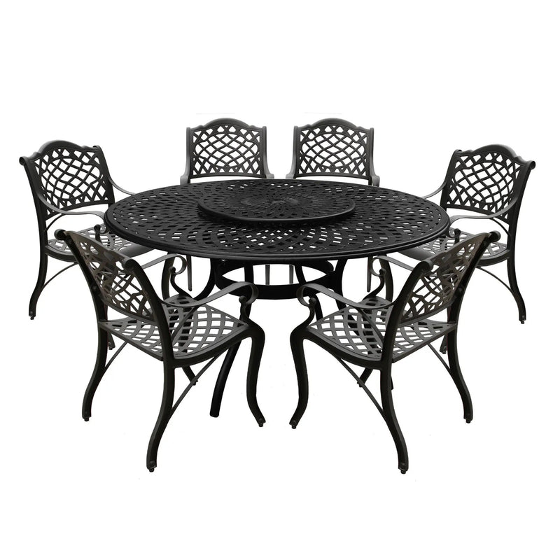 Aluminum 7pc Black Round Patio Dining Set, Lazy Susan, Six Chairs by Sharicks