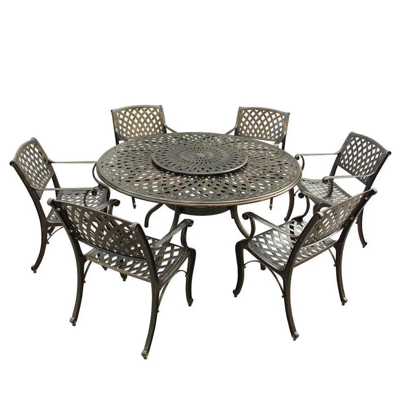 Outdoor Aluminum 7pc Round Patio Dining Set with Lazy Susan, Six Chairs by Sharicks