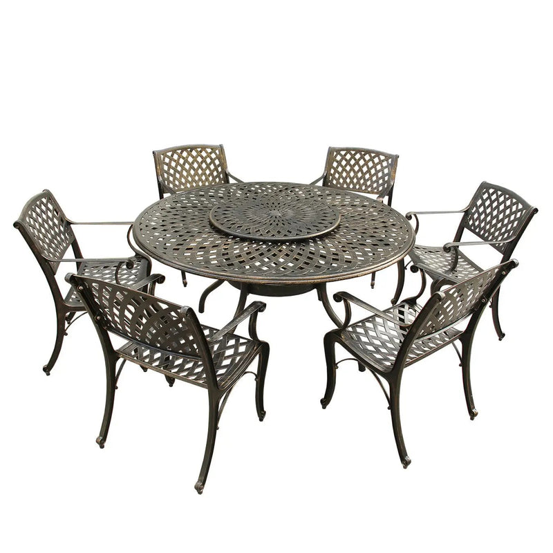 Outdoor Aluminum 7pc Round Patio Dining Set with Lazy Susan, Six Chairs by Sharicks