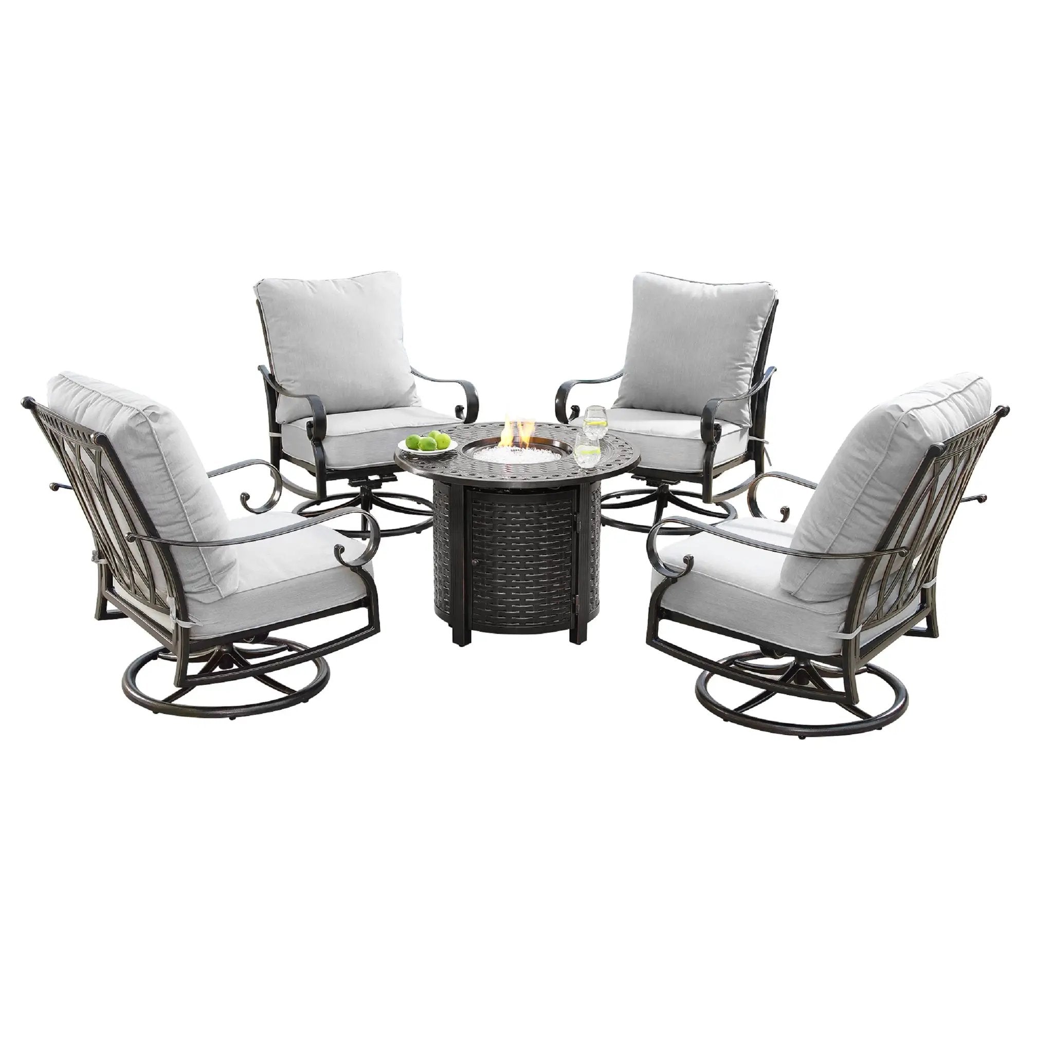 Aluminum 34-in Round Patio Fire Table Set with Swivel Rocking Chairs by Sharicks