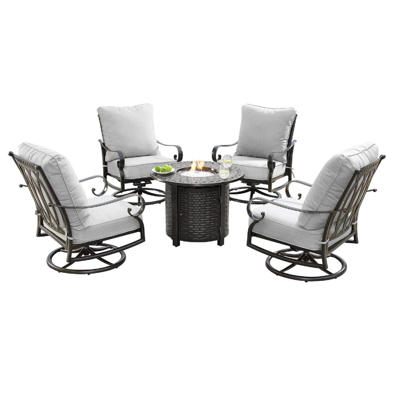 Aluminum 34-in Round Patio Fire Table Set with Swivel Rocking Chairs by Sharicks