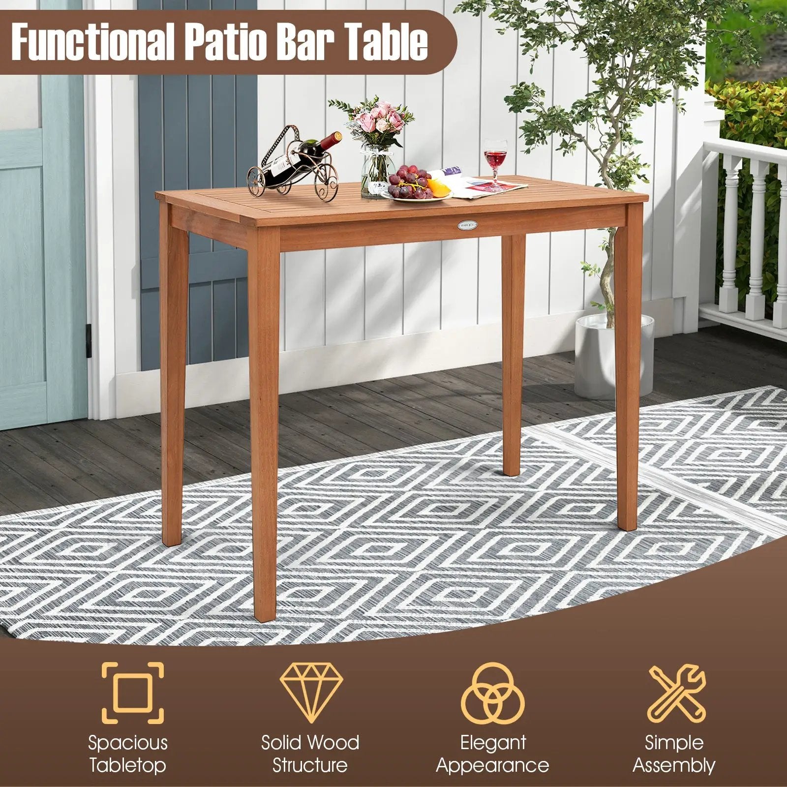 48 Inch x 24 Inch Rectangular Outdoor Eucalyptus Wood Bar Table for 4 People by DirectDeals