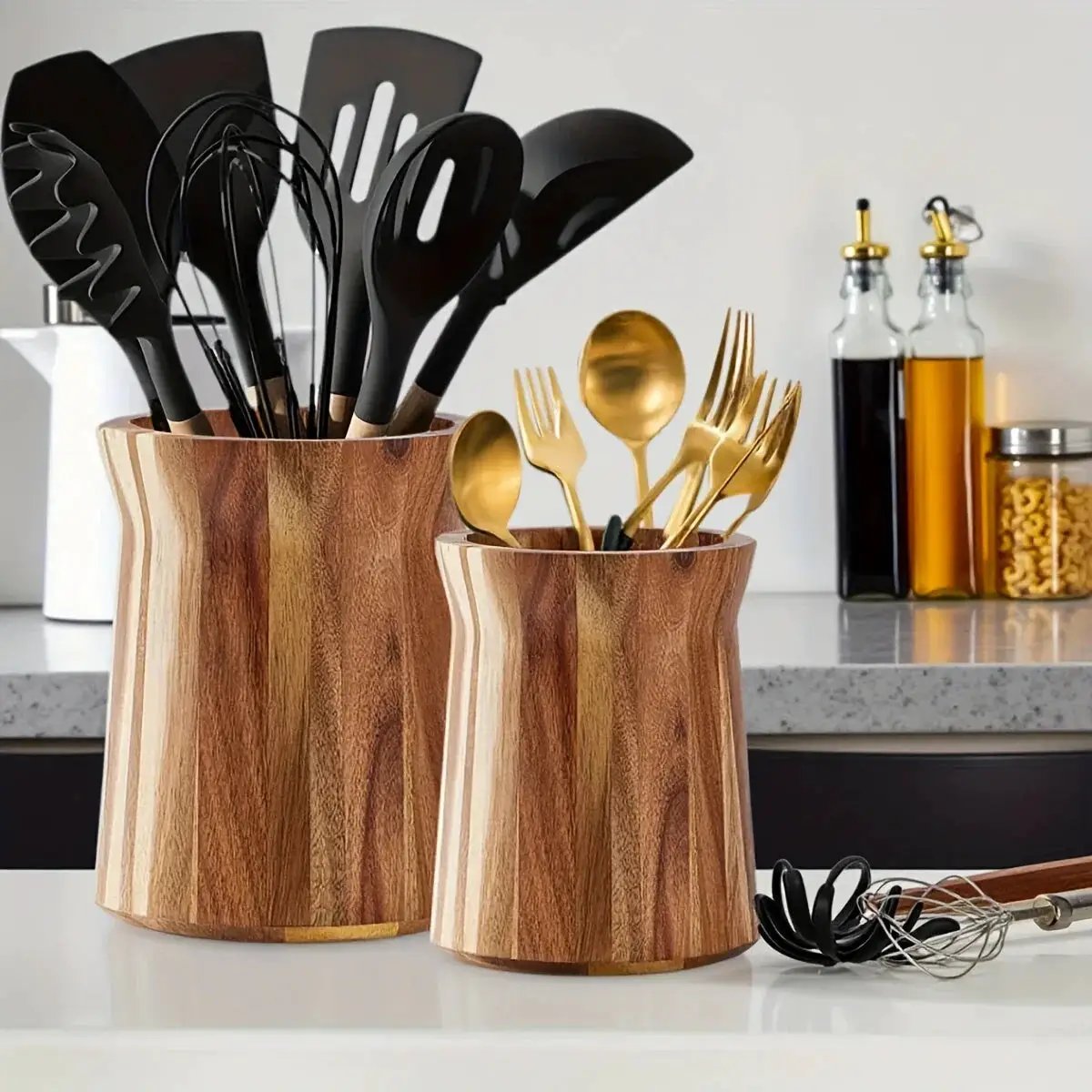 Utensil Holder - Multiple Compartments Acacia Wood by House Of Avana