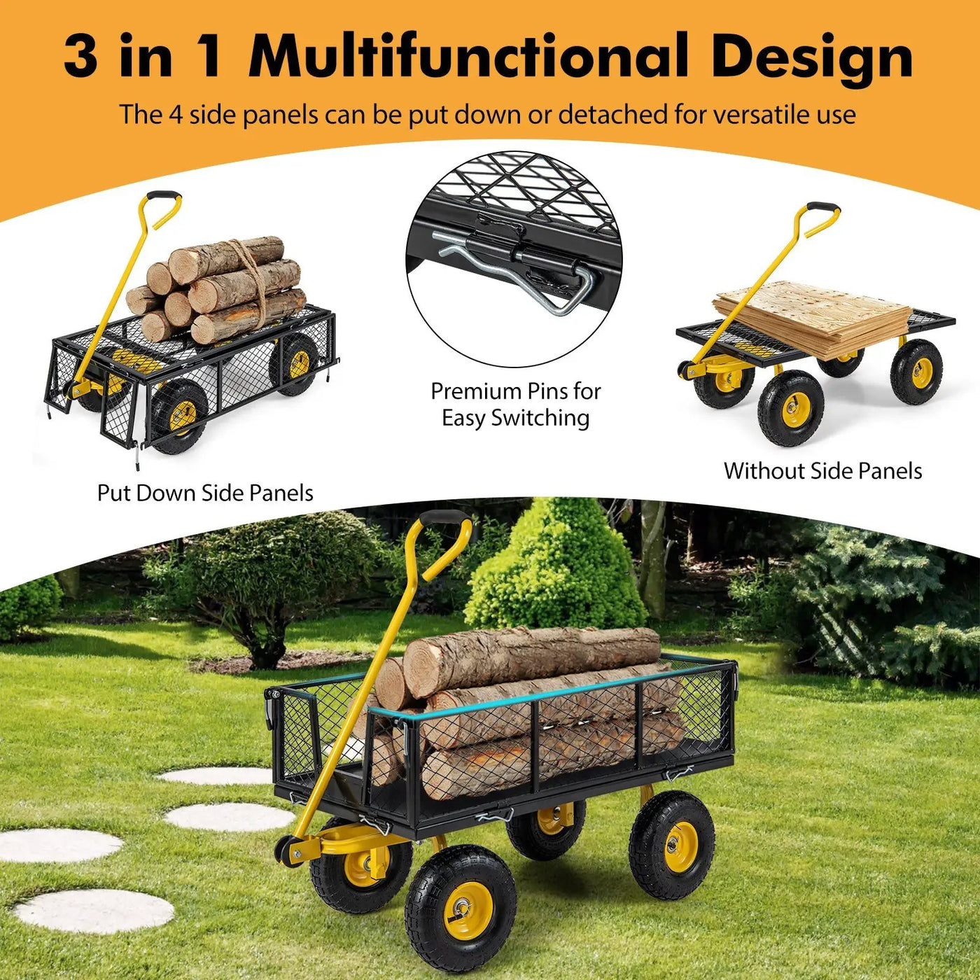 Utility Garden Wagon with 4 Removable Side Panels and 900/1200 LBS Load Capacity by DirectDeals