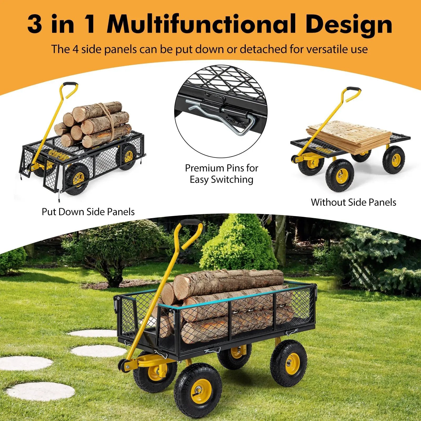 Utility Garden Wagon with 4 Removable Side Panels and 900/1200 LBS Load Capacity by DirectDeals