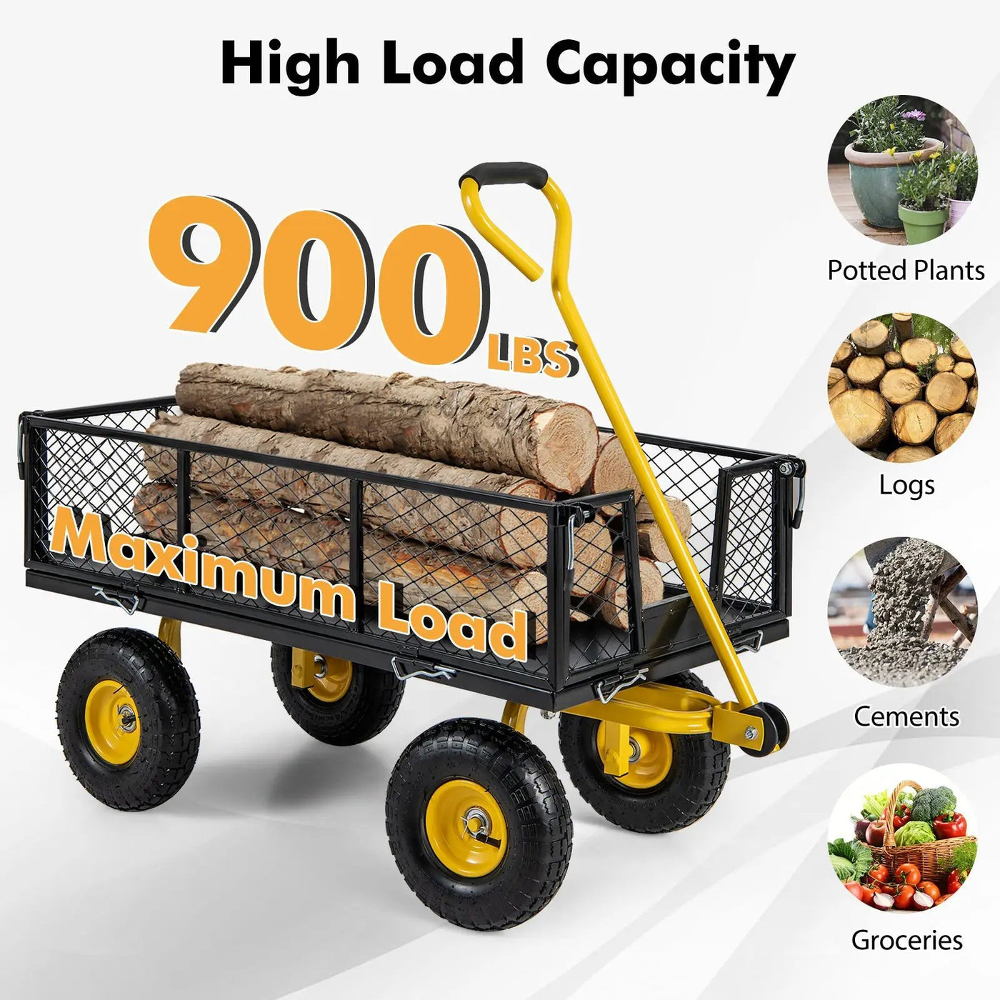 Utility Garden Wagon with 4 Removable Side Panels and 900/1200 LBS Load Capacity by DirectDeals
