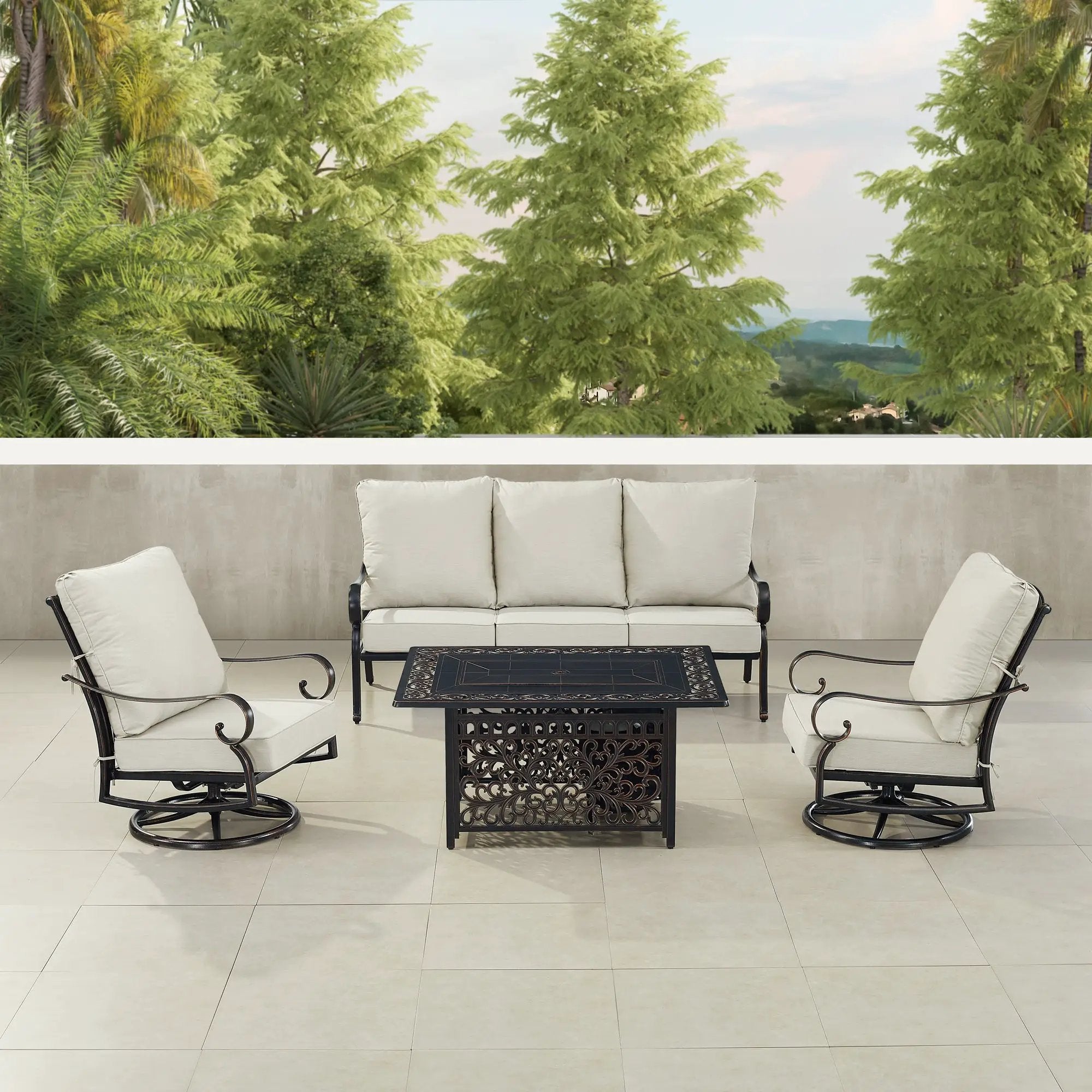 Black Aluminum Fire Table Set with Sofa and Two Club Chairs by Sharicks