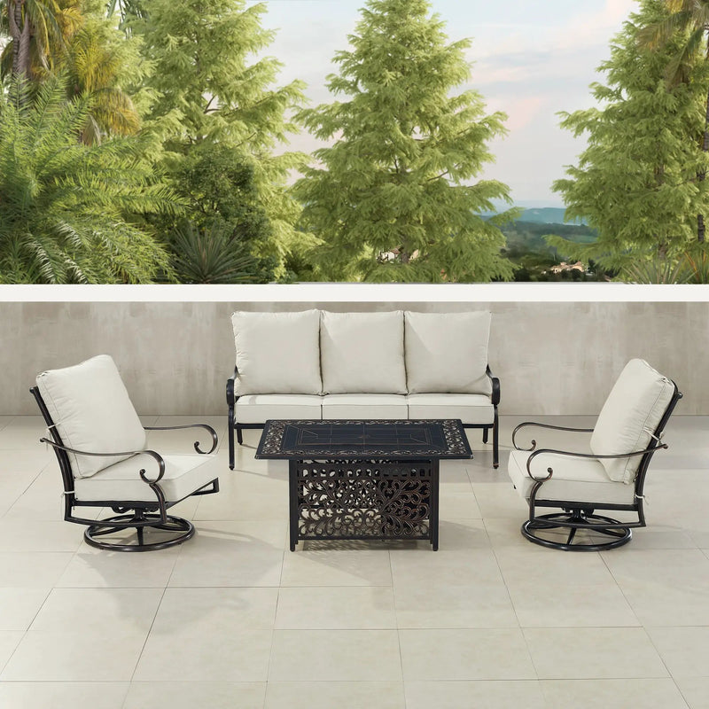 Black Aluminum Fire Table Set with Sofa and Two Club Chairs by Sharicks