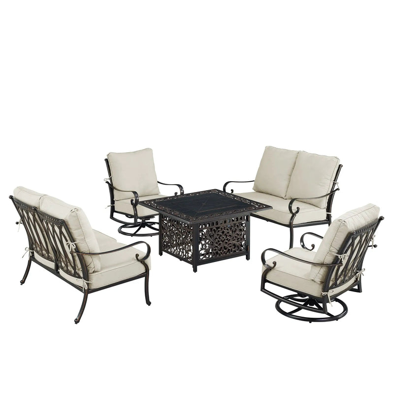 Black Aluminum Fire Table Set with Two Loveseats and Two Club Chairs by Sharicks
