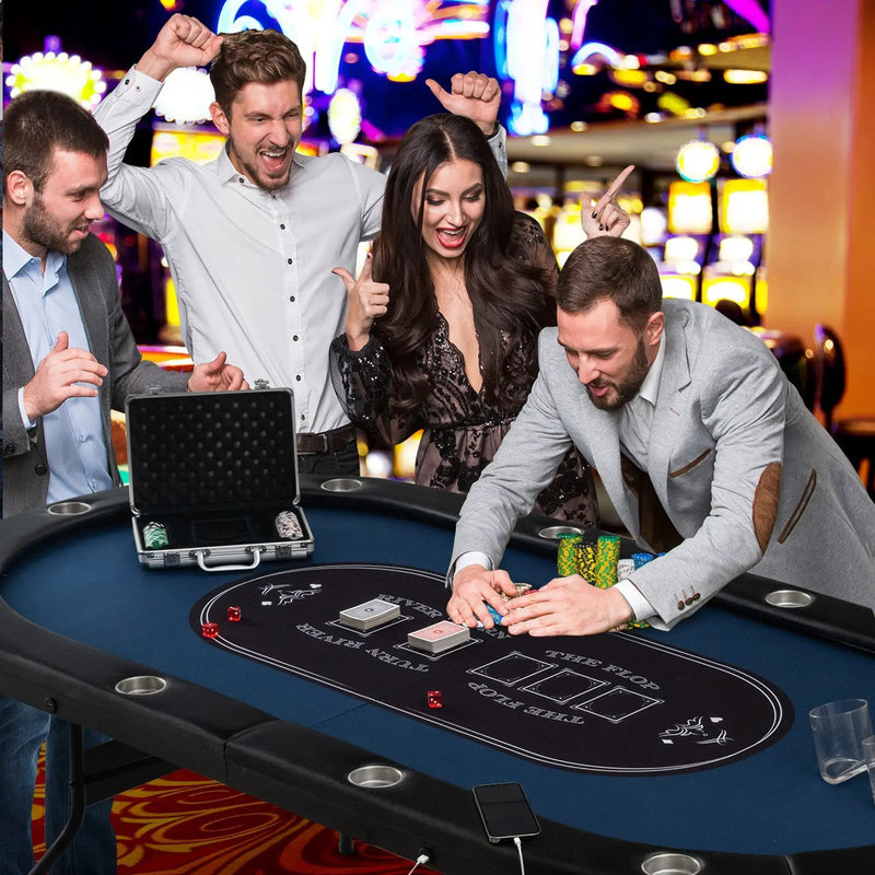 Foldable 10-Player Poker Table with LED Lights and USB Ports Ideal for Texas Casino by DirectDeals