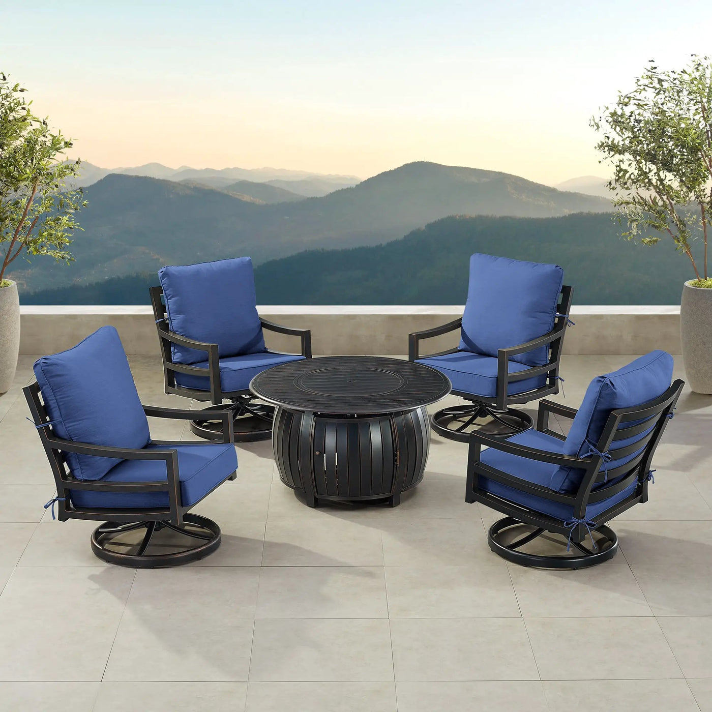 Black Aluminum Fire Table Set with Four Club Chairs by Sharicks