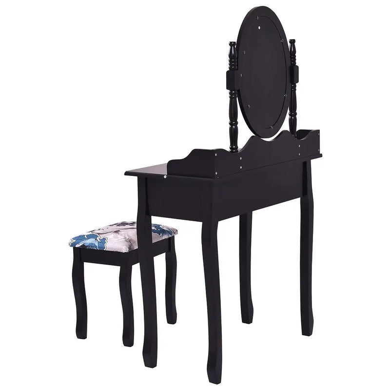 Wooden Vanity Makeup Set with Cushioned Stool and Oval Rotating Mirror by DirectDeals