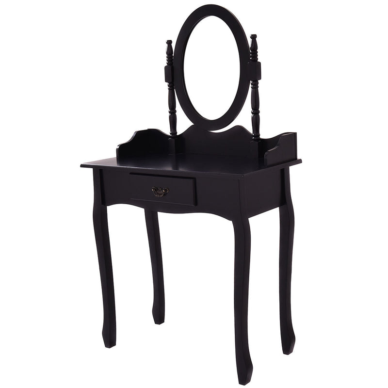 Wooden Vanity Makeup Set with Cushioned Stool and Oval Rotating Mirror by DirectDeals