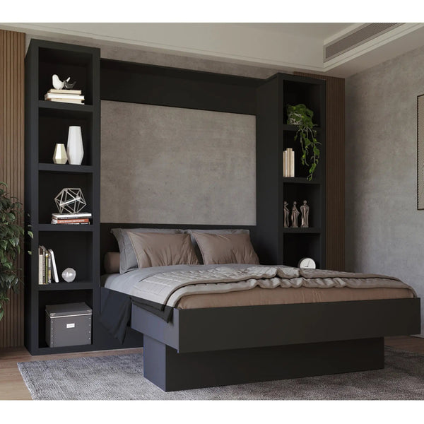 Easy-Lift Queen Murphy Wall Bed in Black with Two Bookshelves