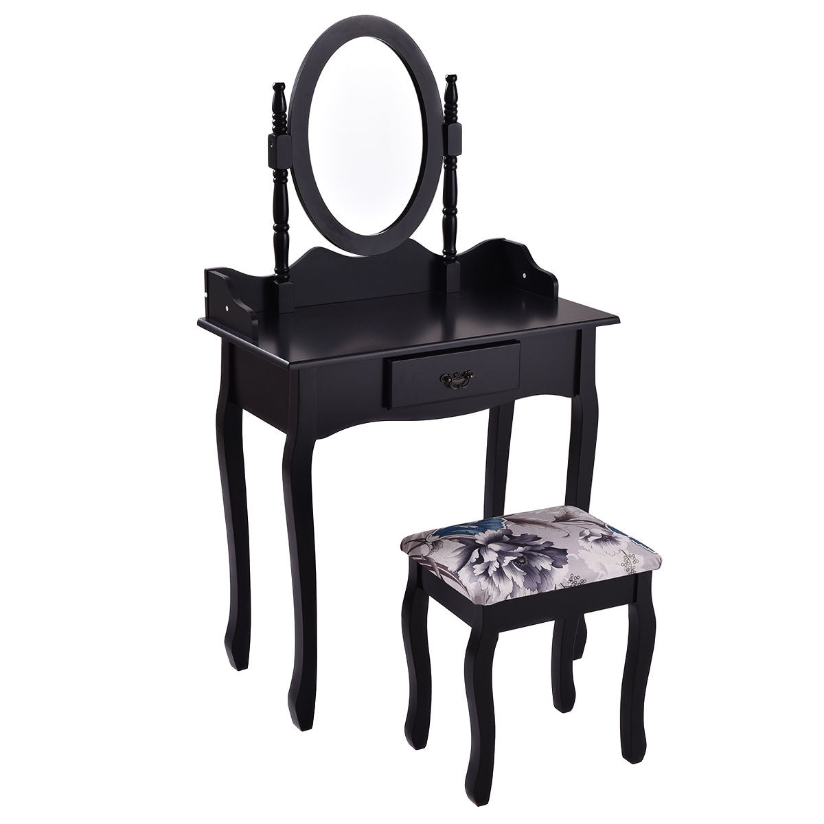 Wooden Vanity Makeup Set with Cushioned Stool and Oval Rotating Mirror by DirectDeals