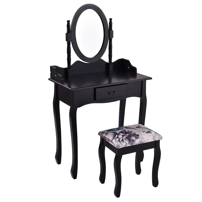 Wooden Vanity Makeup Set with Cushioned Stool and Oval Rotating Mirror by DirectDeals