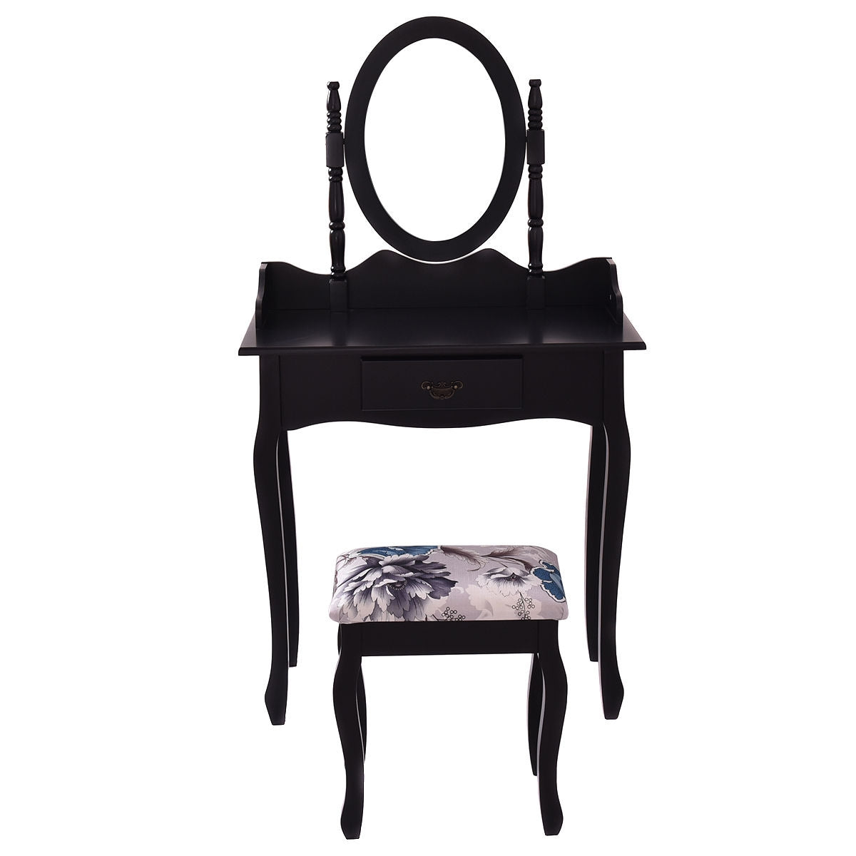 Wooden Vanity Makeup Set with Cushioned Stool and Oval Rotating Mirror by DirectDeals