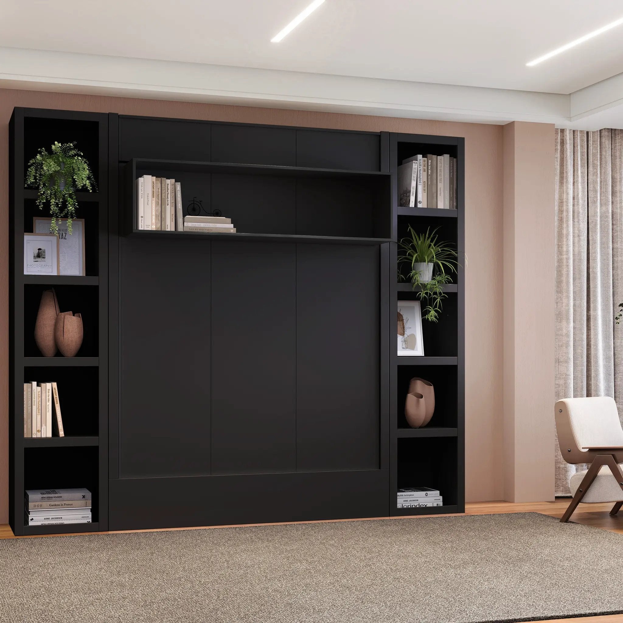 Easy-Lift Full Murphy Wall Bed in Black with Two Bookshelves by Sharicks