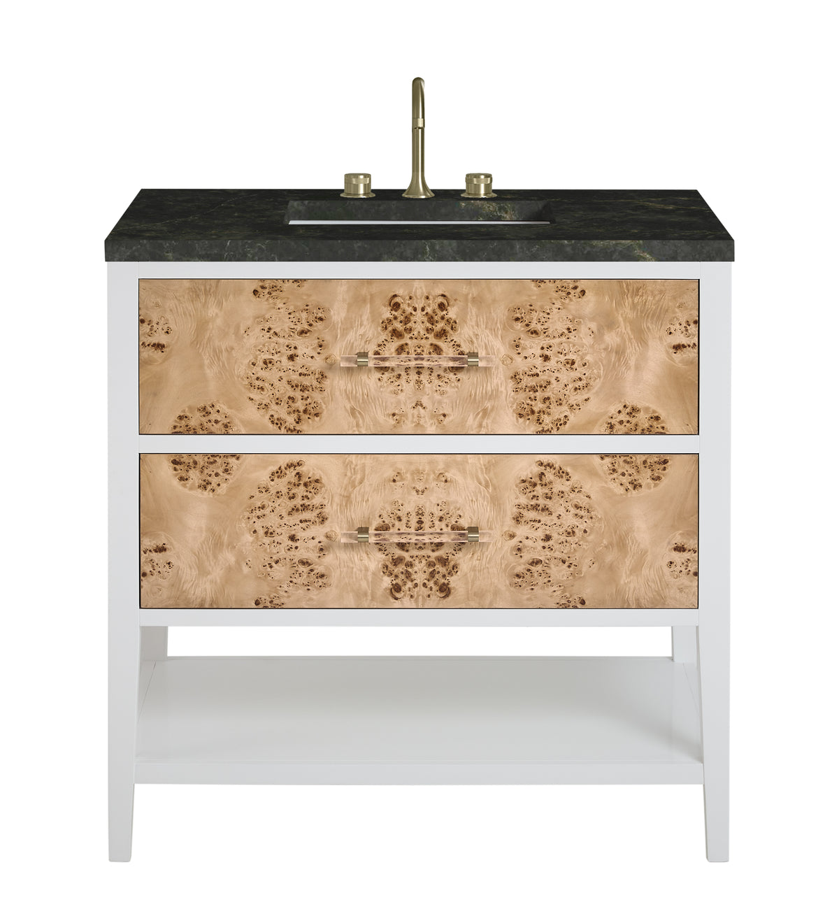 James Martin Olena 36" Single Bathroom Vanity, Polished White and Light Mappa Burl with Phantome countertop