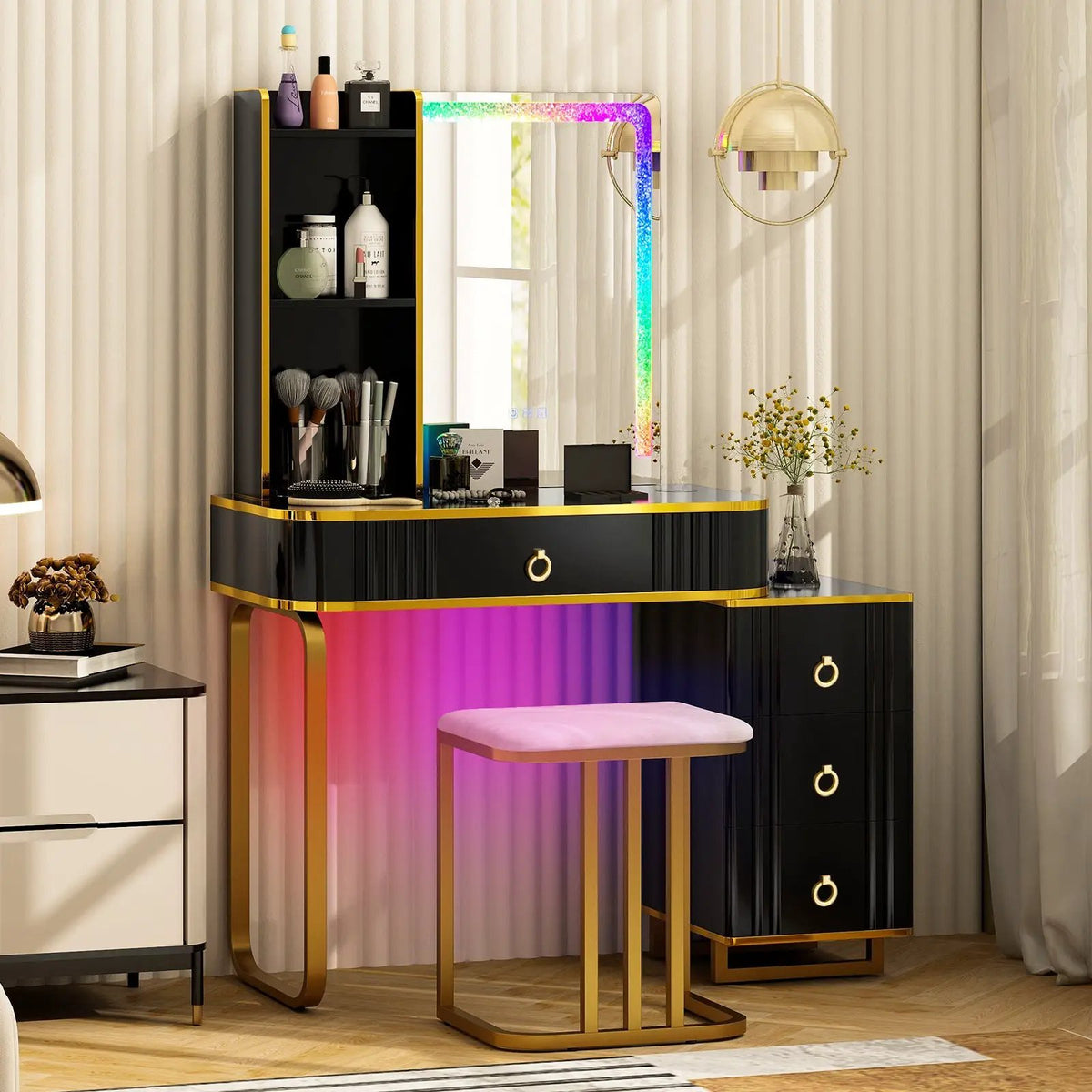 Vanity Table Set with RGB LED Lights and Wireless Charging Station by DirectDeals